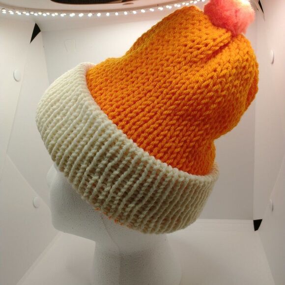 Hand Crafted Knit Unisex Hat Orange Ivory Winter Warm Beanie Slouchy Ski Cap - Picture 2 of 9